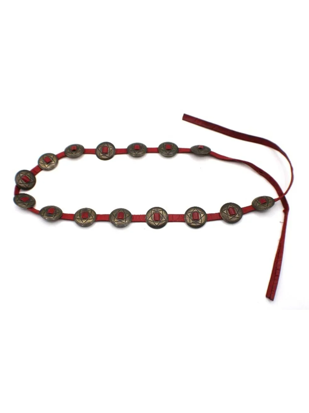 Red Leather Skinny Belt Brass Star Conchos Tie End No Buckle 46